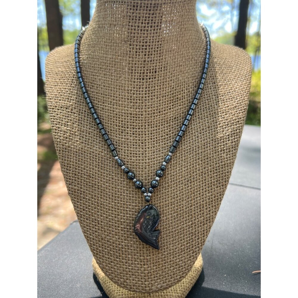 Hematite Gemstone Beaded Necklace With Carved Koi Fish Pendant Screw Barrel 17"